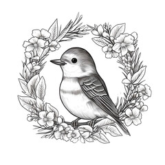 Black and white bird surrounded by a wreath of flowers
