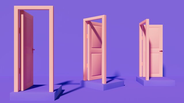 open pink doors on purple stage, opportunity concept, 3d rendering