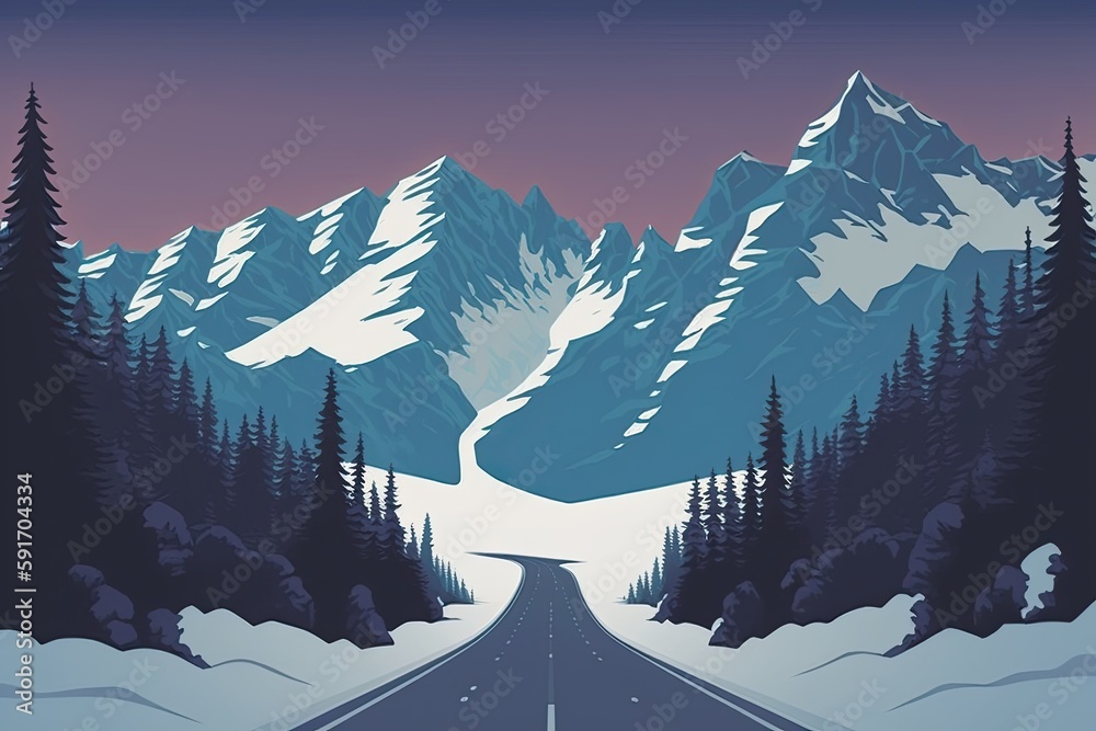 Canvas Prints scenic winter road surrounded by snowy trees and mountains. Generative AI