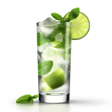 Mojito, caipirinha alcoholic cocktail with ice, lime and mint isolated on white background