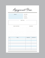 Assignment Planner. Minimalist planner template set. Vector illustration.	