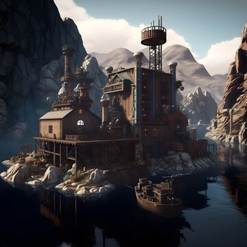 An Industrious Steampunk Dock Yard In A Craggy Mountain Lake Buzzing With Activity On An Overcast Day Fantasy World Beautiful Landscape Cinematic Angle Award Winning Photography Maximilist 8k 