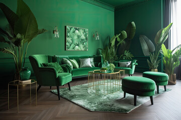 Interior design of a living room inspired by a tropical paradise with bright green walls, woven furniture and bold prints, Modern and luxurious living room with green armchairs, generative AI