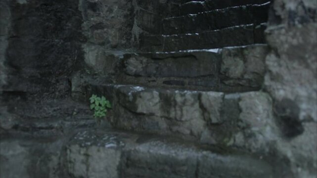 walking up stone steps of Medieval Castle fort