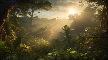 Fototapeta na wymiar Rainforest Sunrise with Golden Rays Illuminating a Lush Canopy in the Morning Glow. Generative AI