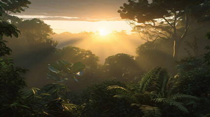 Fototapeta na wymiar Rainforest Sunrise with Golden Rays Illuminating a Lush Canopy in the Morning Glow. Generative AI