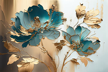 Abstract floral oil painting. Gold and blue flowers on pastel background. Generative AI