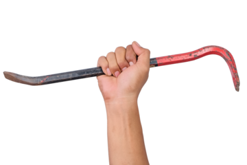 Crowbar in male hand isolated on white. Transparent PNG
