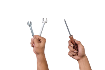 Hands holding different carpentry tools against a white background. Labour day concept