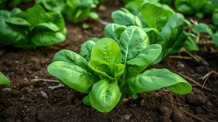 Fresh spinach plants growing in the vegetable garden. Generative AI. - obrazy, fototapety, plakaty