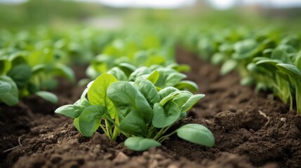 Fresh spinach plants growing in the vegetable garden. Generative AI.