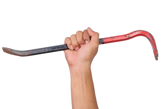 Crowbar in male hand isolated on white. Transparent PNG
