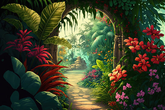 Tropical garden with flowers and secret path. Generative AI