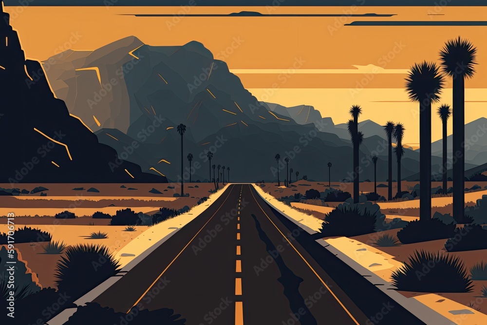 Canvas Prints scenic drive through a desert landscape with majestic mountains in the distance. Generative AI