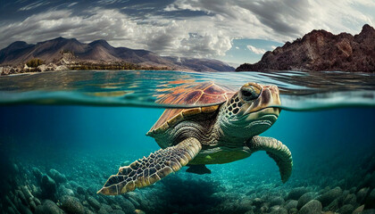 Fototapeta premium An old and wise turtle swimming in the ocean. Generative Ai