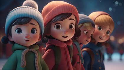 3d illustration of a group of girls smiling winter with hats illustration with Generative AI Technology