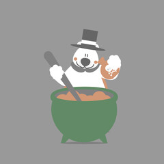 happy halloween holiday festival with polar bear and cauldron with magic potion, flat vector illustration cartoon character design