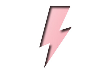 Pink paper cut into lightning shape. Lightning. Isolated on transparent background.