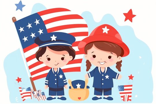 memorial day illustration for kids, boys and girls mourning and observing memorial day in cemeteries