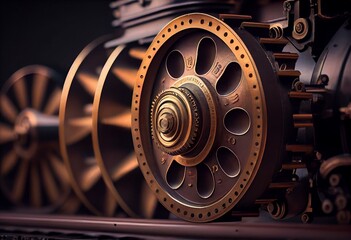 Obraz premium Steam locomotive wheels and coupling rods stylized. Generative AI