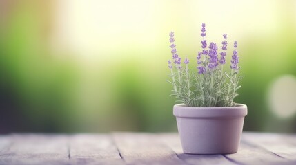 Lavender plant in pot on blurred background. Generative AI.