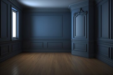 n empty room with blue walls and wooden flooring. Generative AI