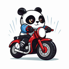 Mascot cartoon of cute smile panda riding motorbike. 2d character vector illustration in isolated background