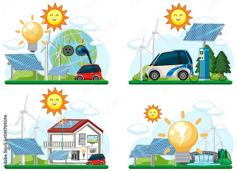 Sticker green energy concept with solar panels and wind turbines