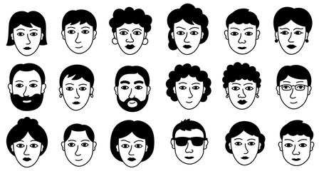 People faces avatar set. Black and white. Vector hand drawn illustration.