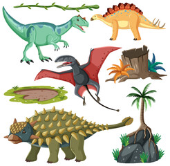 Fototapeta premium Dinosaur and Nature Elements Vector Collection