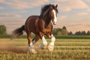 clydesdale horse running, galloping in the field.