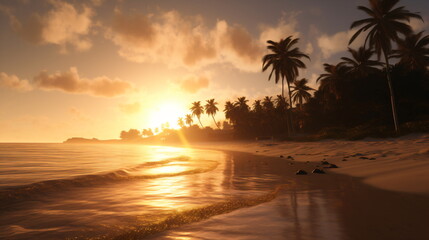Golden Hour Beach on Morning Sunrise Casting a Warm Glow on the Shoreline. Generative AI