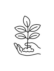 Hand with young tree seedling. Growth of plants. Sketch hand drawn. Vector line icon. Editable outline stroke.