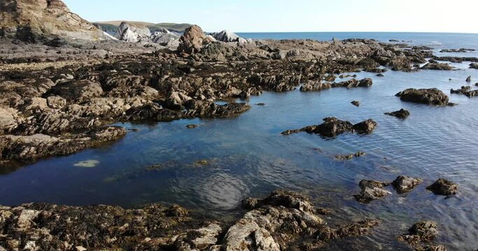 Thurlestone, an English village. Clear water from tide pool touches rocky shore.