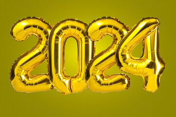 New Year 2024 celebration. Golden Yellow foil color balloons. 2024 balloons. On Yellow background