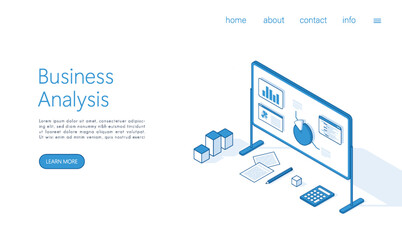 Landing page template business analysis concept illustration. Isometric vector.
