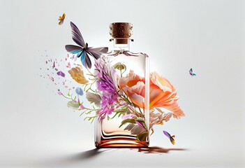 flying perfume bottle with flowers flying around on white background. Generative AI - obrazy, fototapety, plakaty