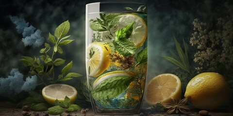 Image of Lemonade and fragrant herbs for a refreshing drink Generative AI printed on Printed Glass Splashbacks