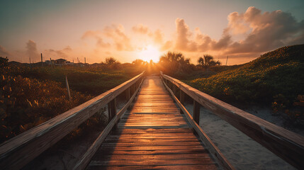 Obraz premium wooden bridge at sunset, generative AI Technology