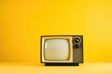 Vintage TV set on a yellow background, copyspace. High quality generative ai