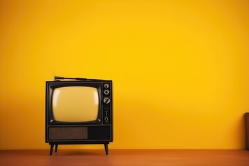 Vintage TV set on a yellow background, copyspace. High quality generative ai