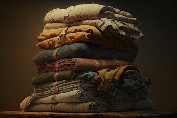 Folded Clothes Stack on Wooden Table. Generative AI