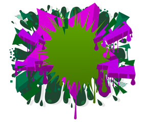 Green graffiti speech bubble with purple elements. Abstract modern street art design. Discussion, Message symbol performed in urban painting style.