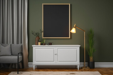 Mockup frame on a cabinet in a living room interior on empty dark wall background, Generative AI	
