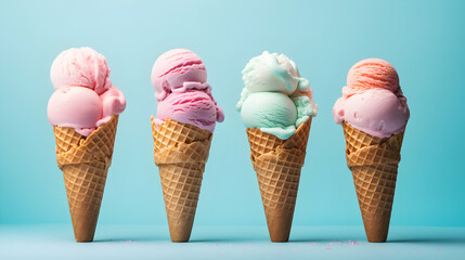 Fototapeta na wymiar ice cream in the cone on pastel light blue background, generative ai