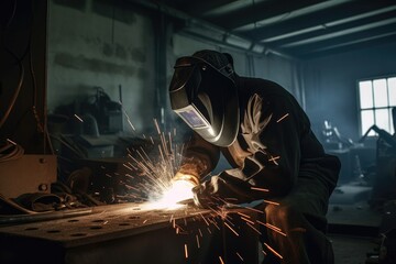 Welder welding metal, lots of sparks, wearing protective welding gear. High quality generative AI
