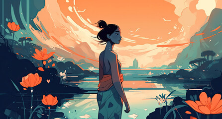 Beautiful woman is standing in the middle of the landscape. Created by Generated AI Technology.