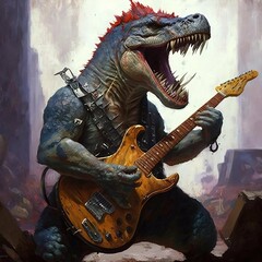 dinosaur playing guitar oil painting Generative AI
