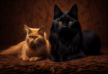 Black cat and a golden cat on a carpet. Generative AI