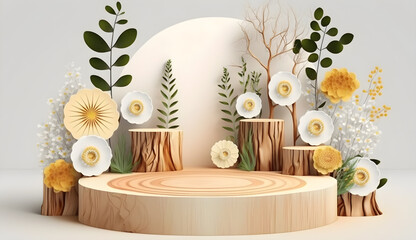 Empty round wooden podium for product presentation and palm leaves on beige background for cosmetic product mockup